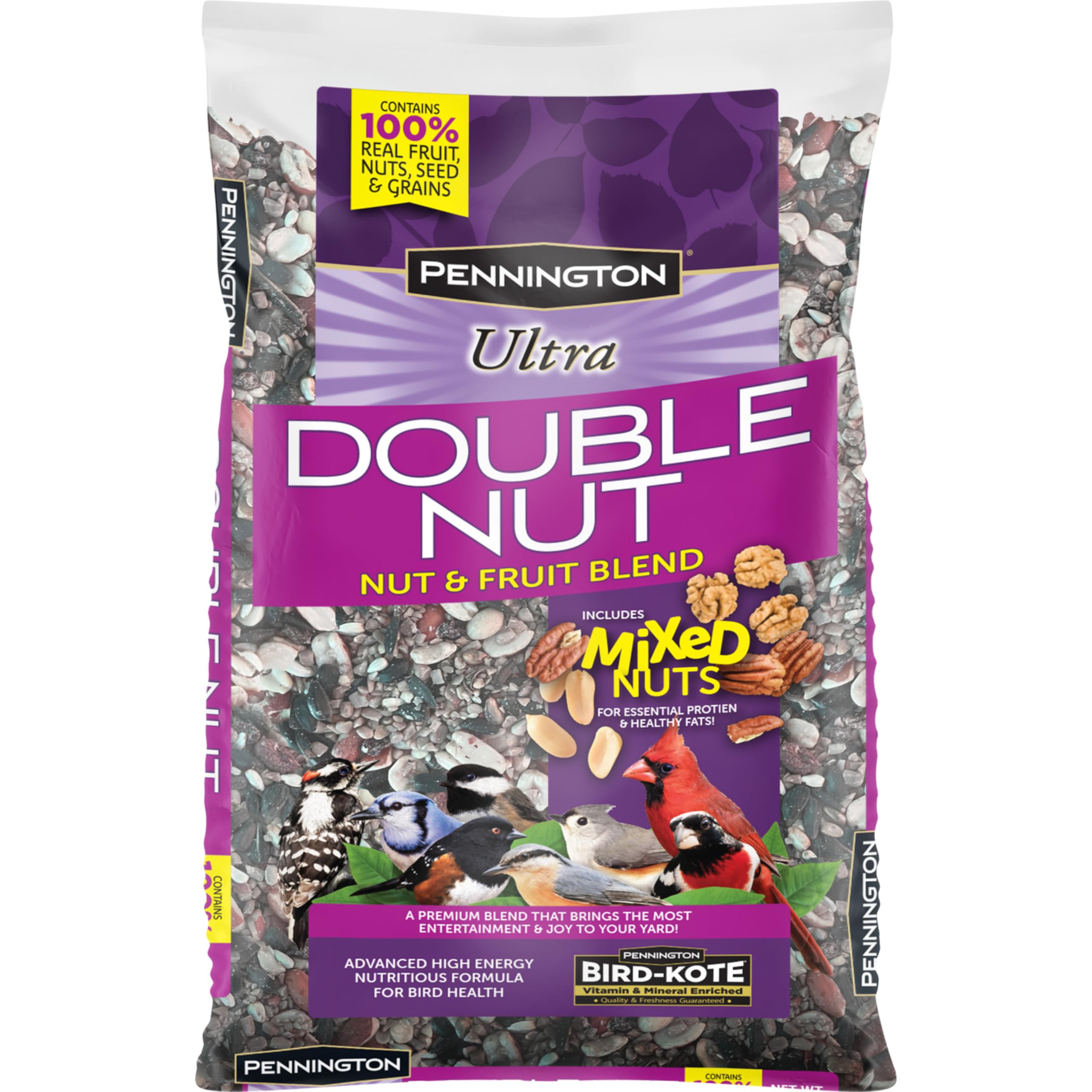 Pennington label close-up with feeding compatibility and Bird Kote info