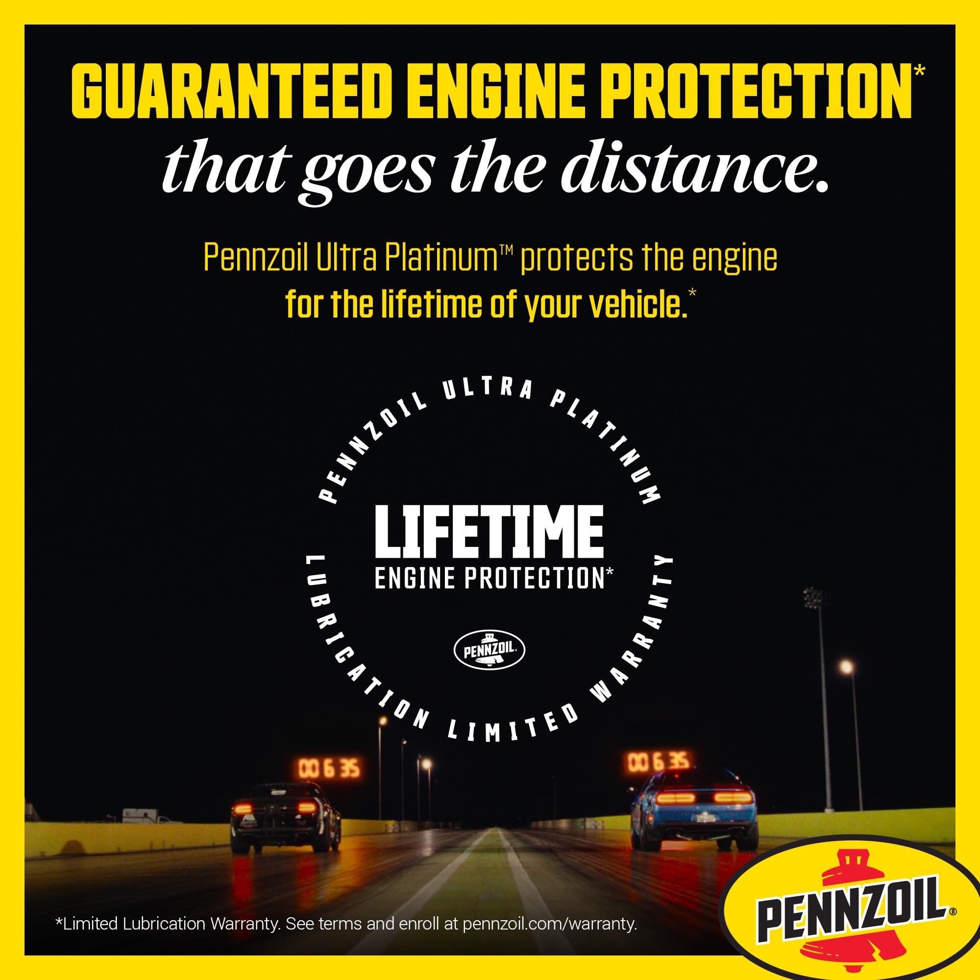 Pennzoil Ultra Platinum bottle beside sports car illustrating performance reliability