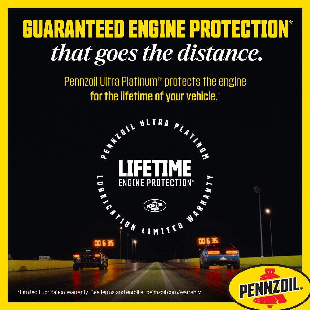 Pennzoil Ultra Platinum bottle beside sports car illustrating performance reliability