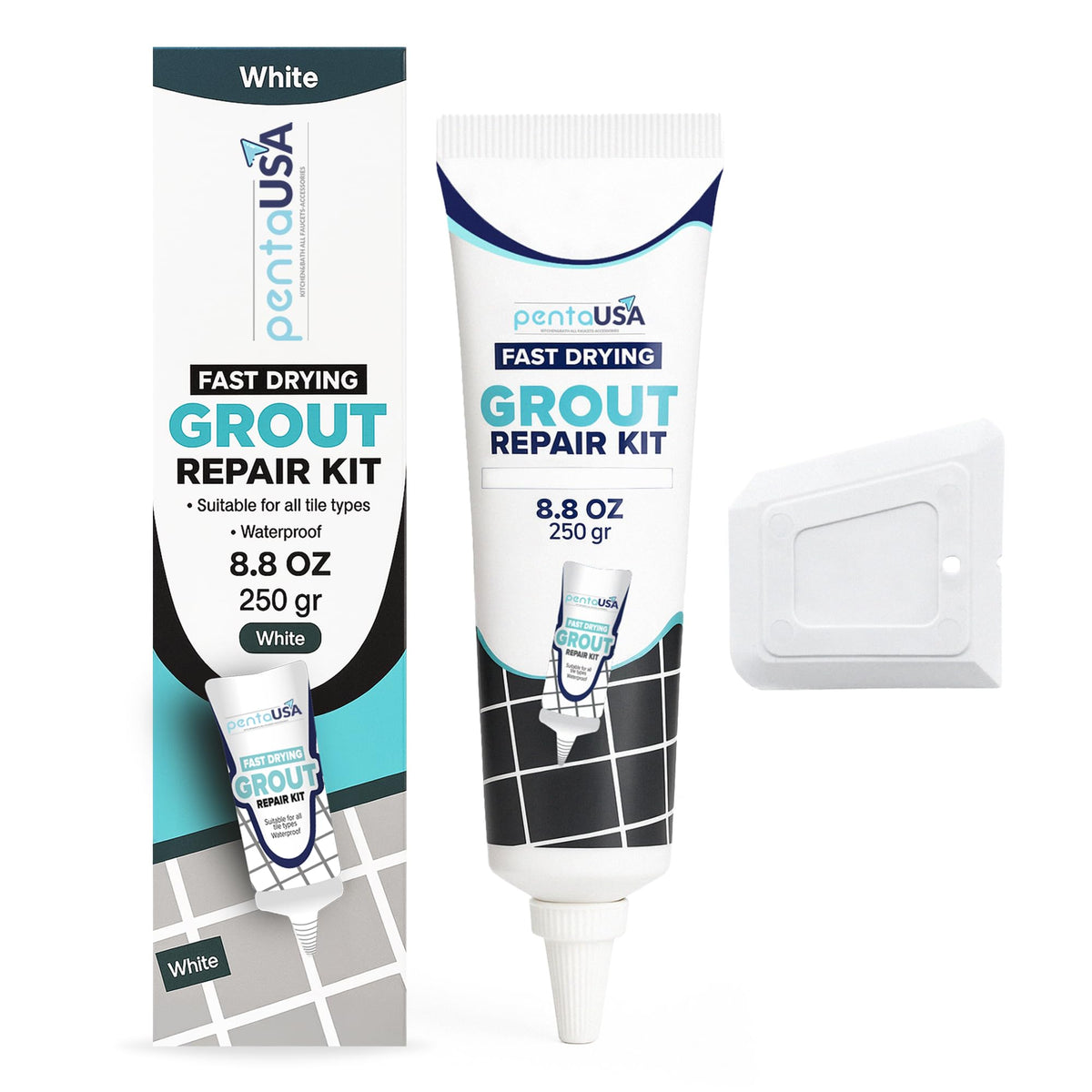 PENTAUSA front packaging white grout tube showing ready-to-use convenience