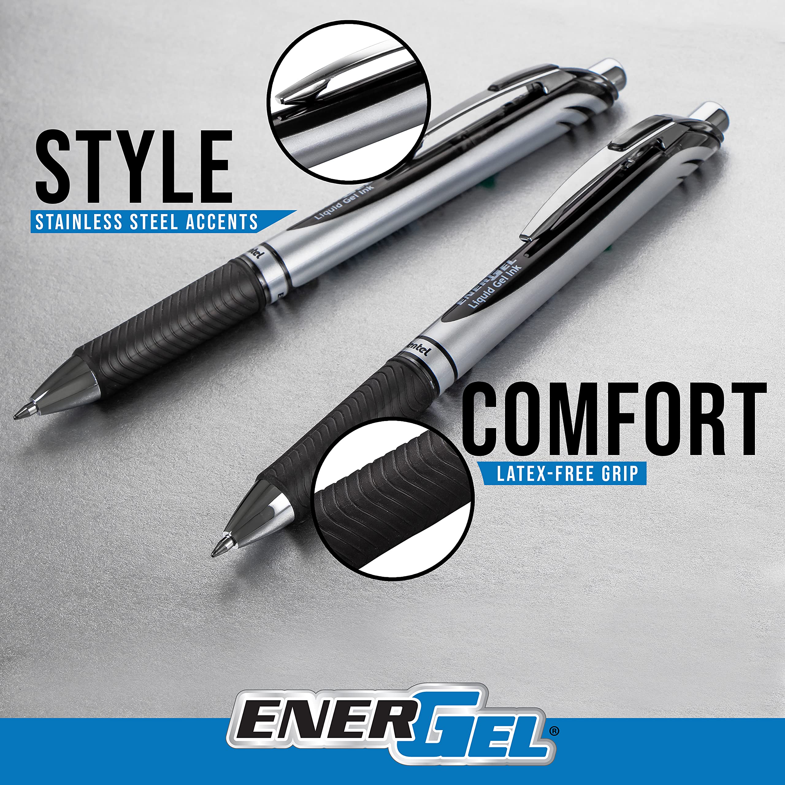 Pentel EnerGel RTX latex-free grip detail showing comfort and control benefit