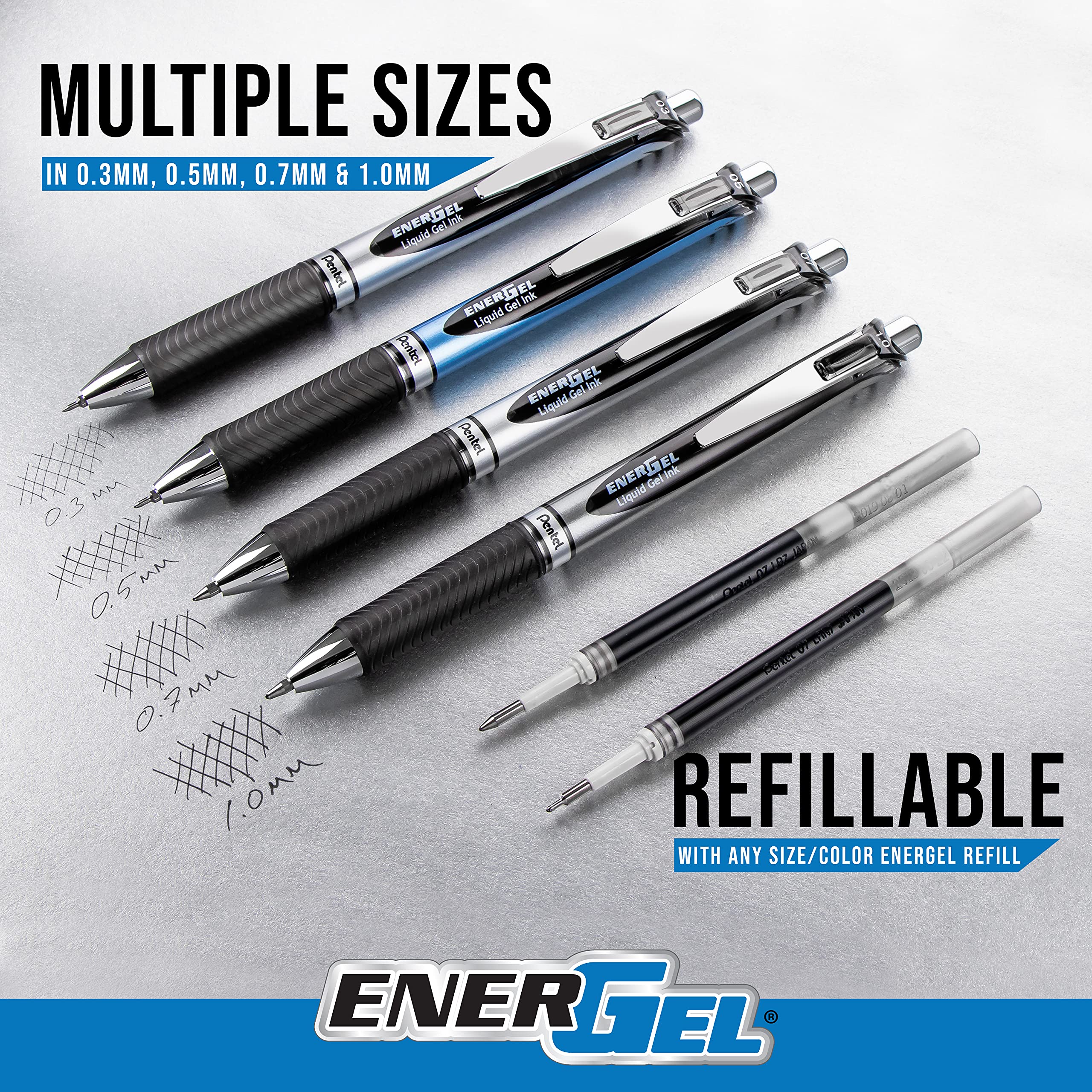 Pentel EnerGel RTX writing sample on paper showing clean blue ink and fast-dry benefit