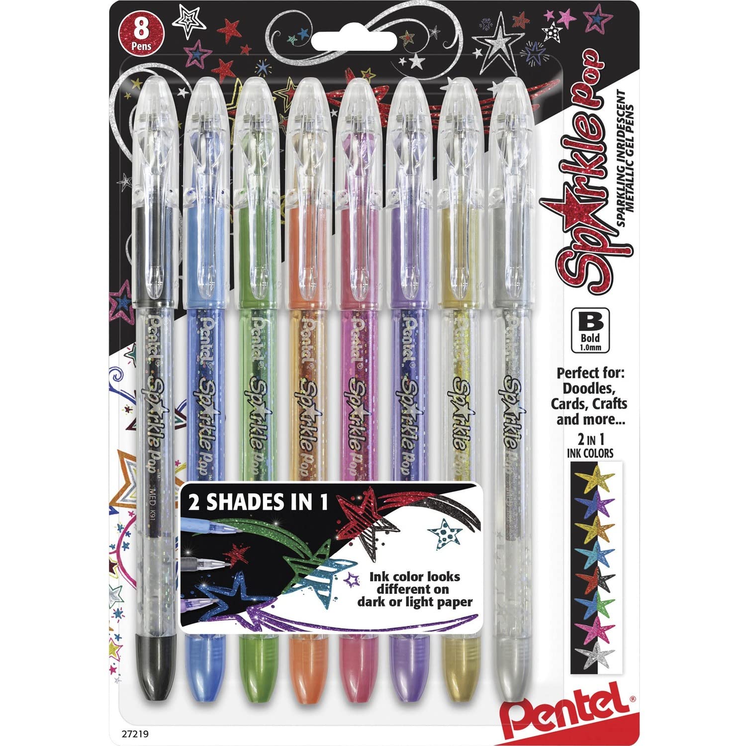 Pentel Sparkle Pop pack front view showing eight metallic gel pens and vibrant colors