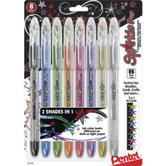 Pentel Sparkle Pop pack front view showing eight metallic gel pens and vibrant colors