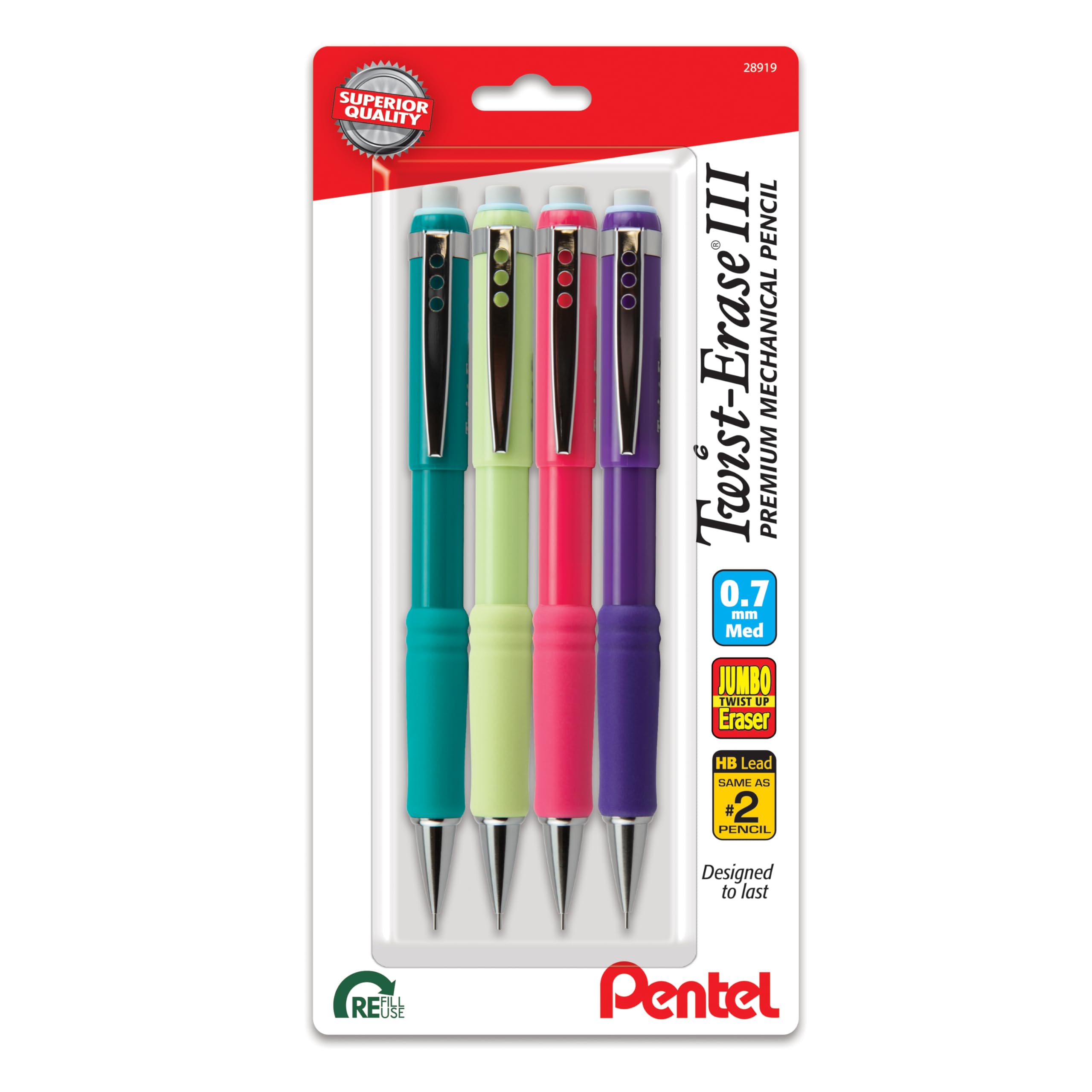 Pentel Twist-Erase III front packaging showing four fashion color barrels and benefits
