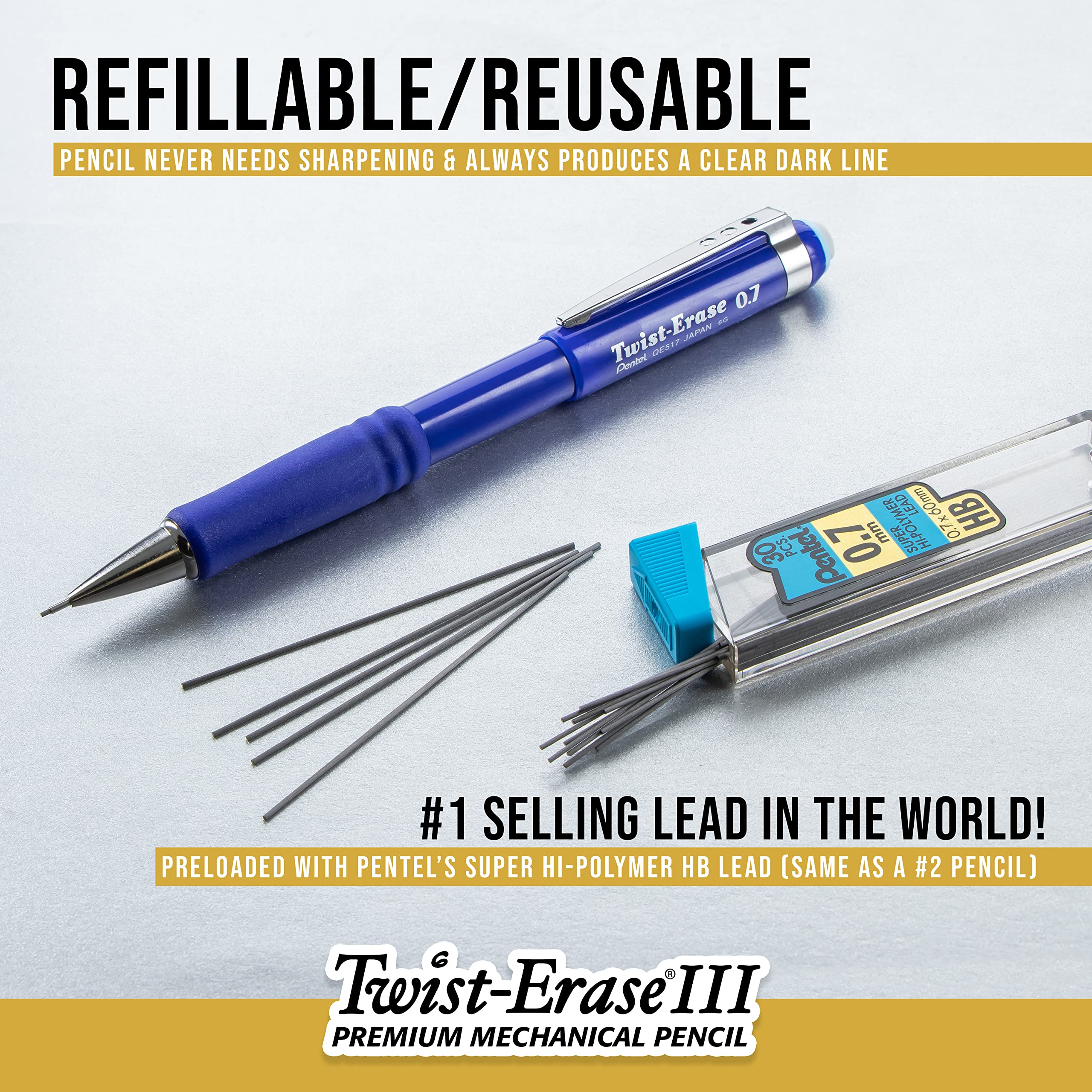 Pentel Twist-Erase III next to ruler showing 0.7mm lead scale and durability benefit