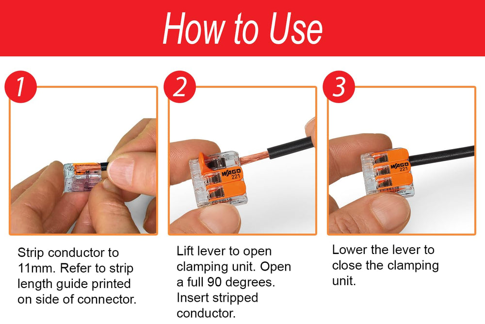 Peppy Products WAGO lever close-up showing easy tool-free operation benefit