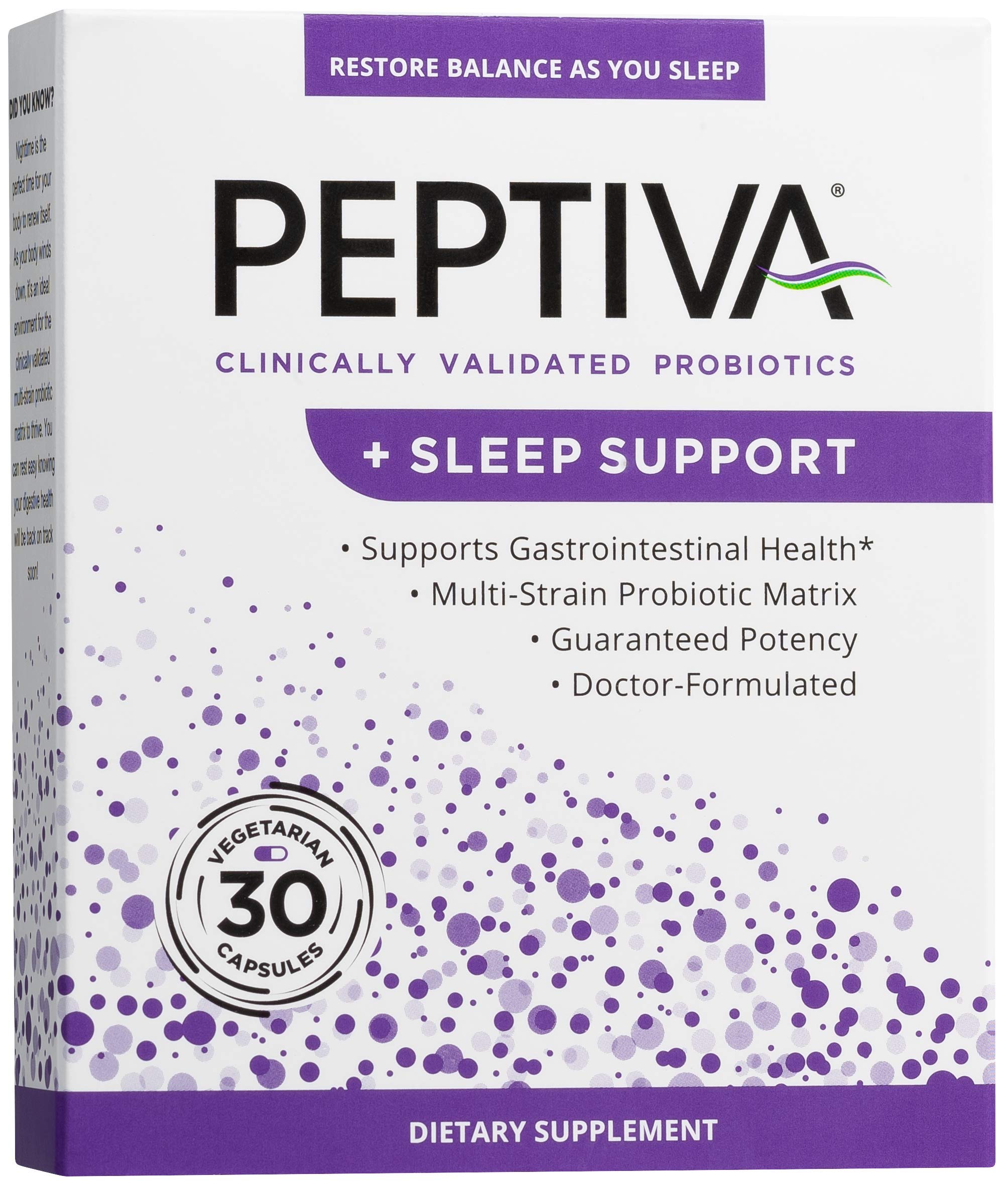 Peptiva front packaging showing 26 billion CFU and sleep support benefits