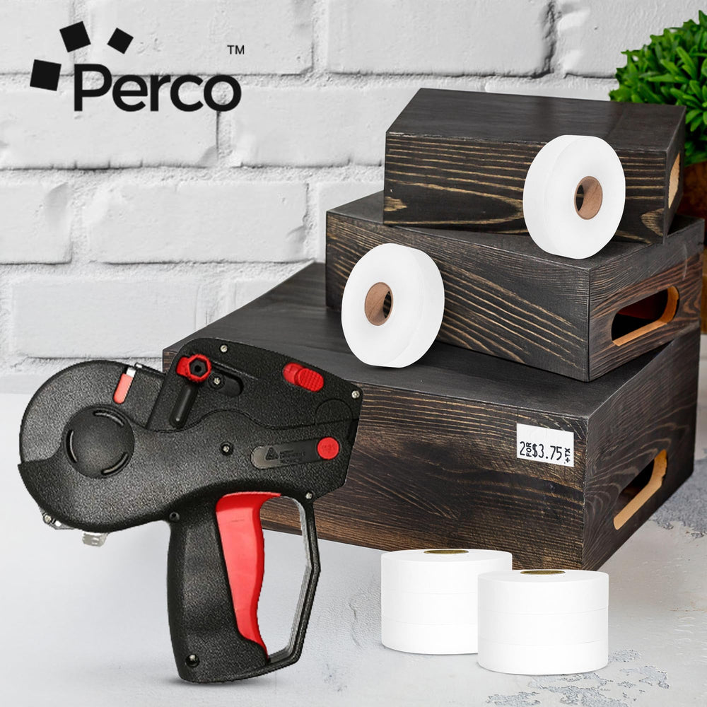 Perco labels applied in a retail aisle, neat merchandising benefit