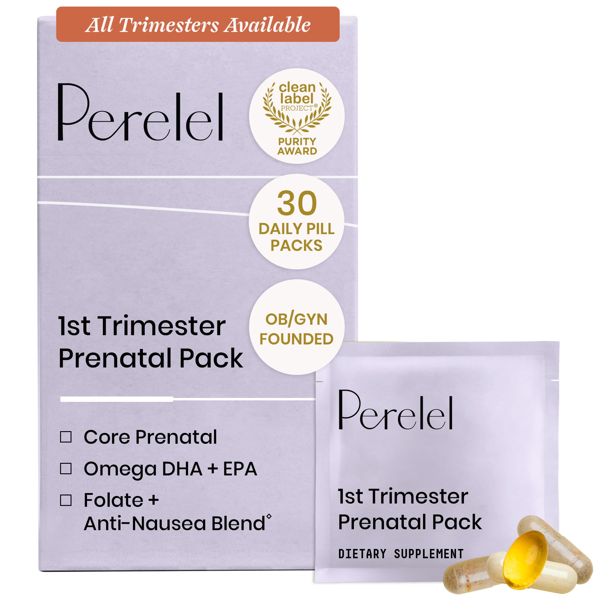 Perelel front packaging showing first trimester daily prenatal pack benefits