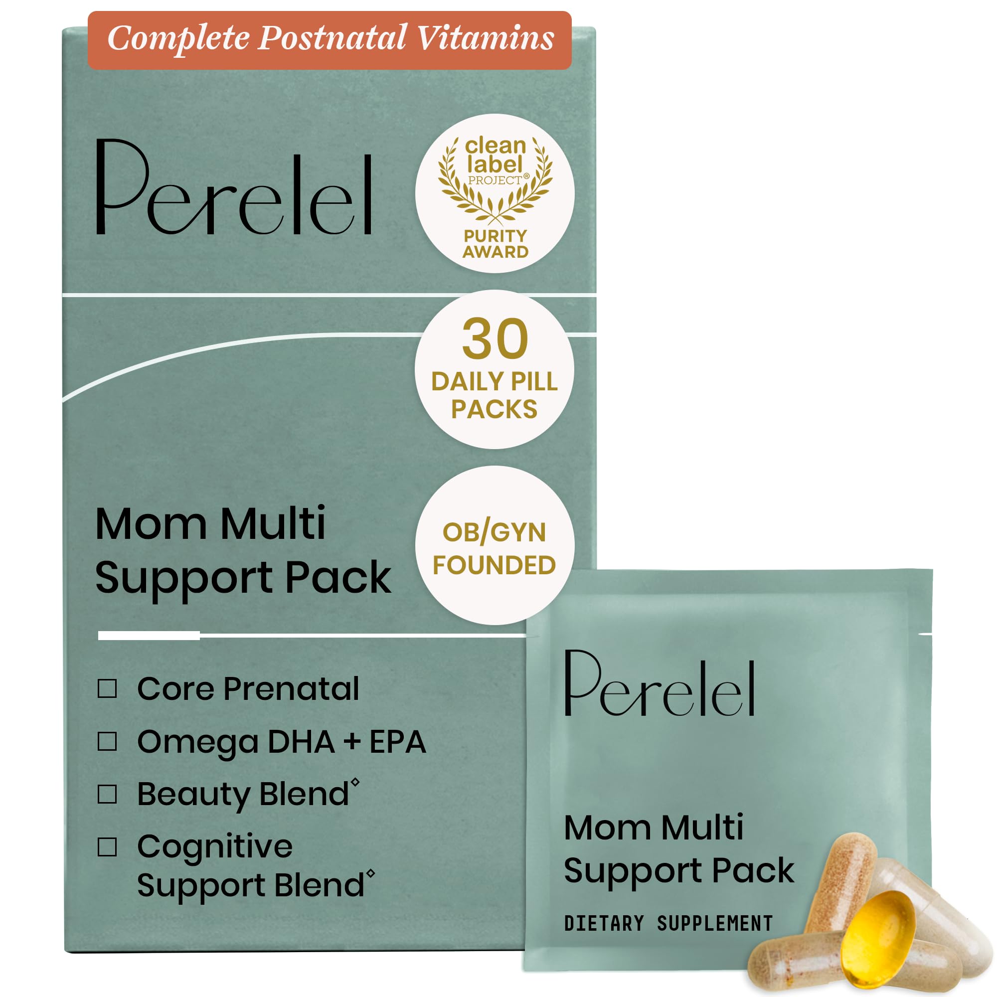 Perelel front packaging showing daily postnatal support benefits
