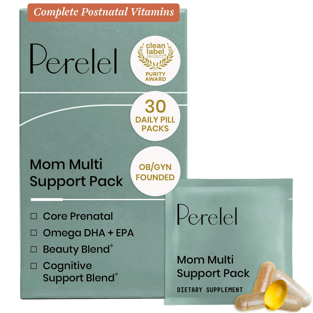 Perelel front packaging showing daily postnatal support benefits