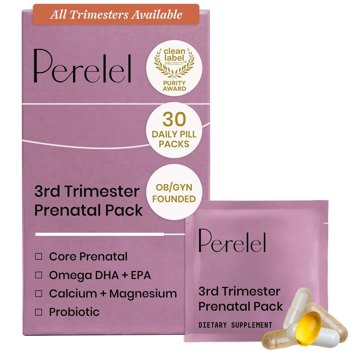 Perelel pack front sachet showing daily convenience and stage‑specific support