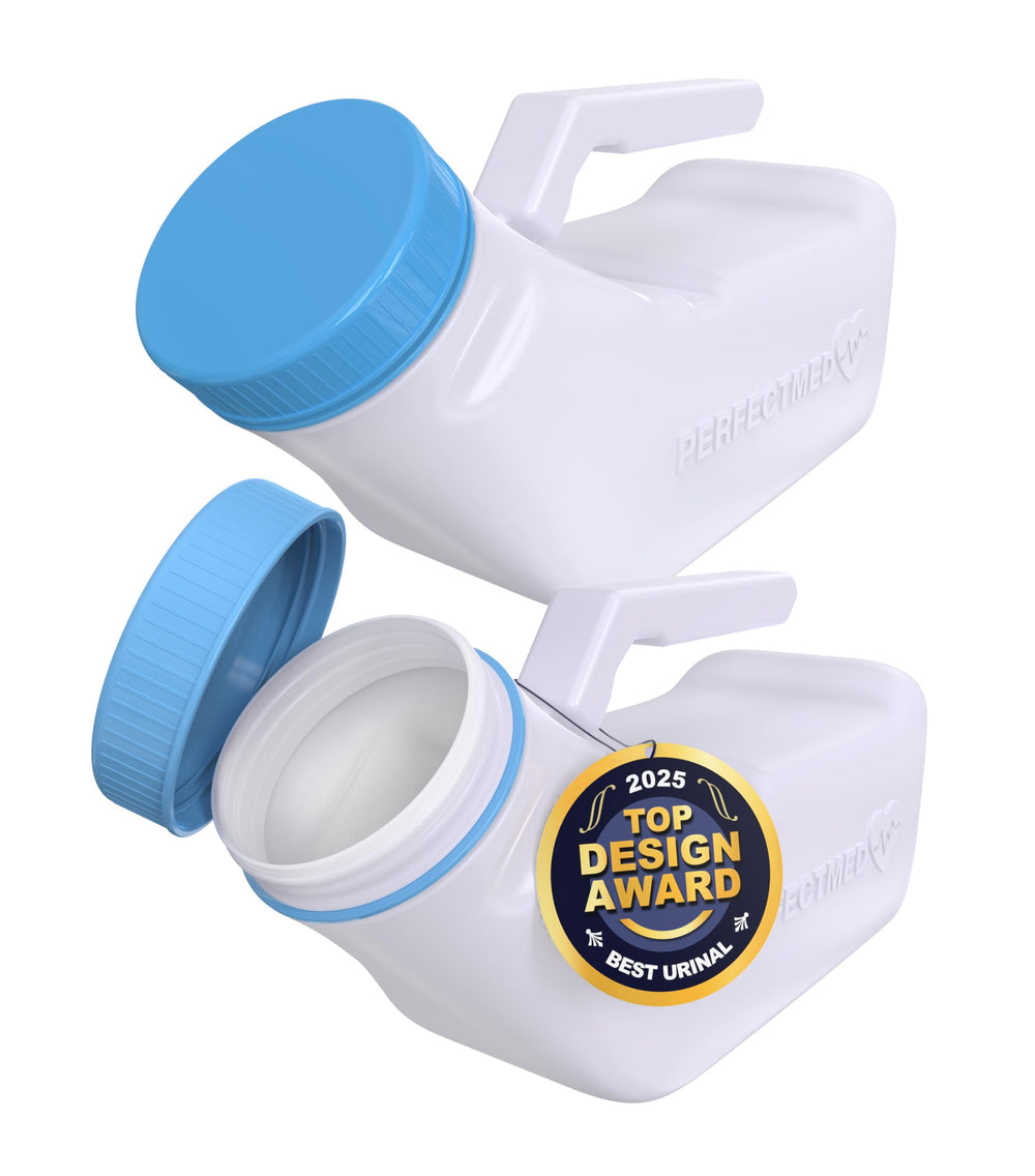 PerfectMed front view of two-pack urinal bottles showing labels and caps, convenient storage