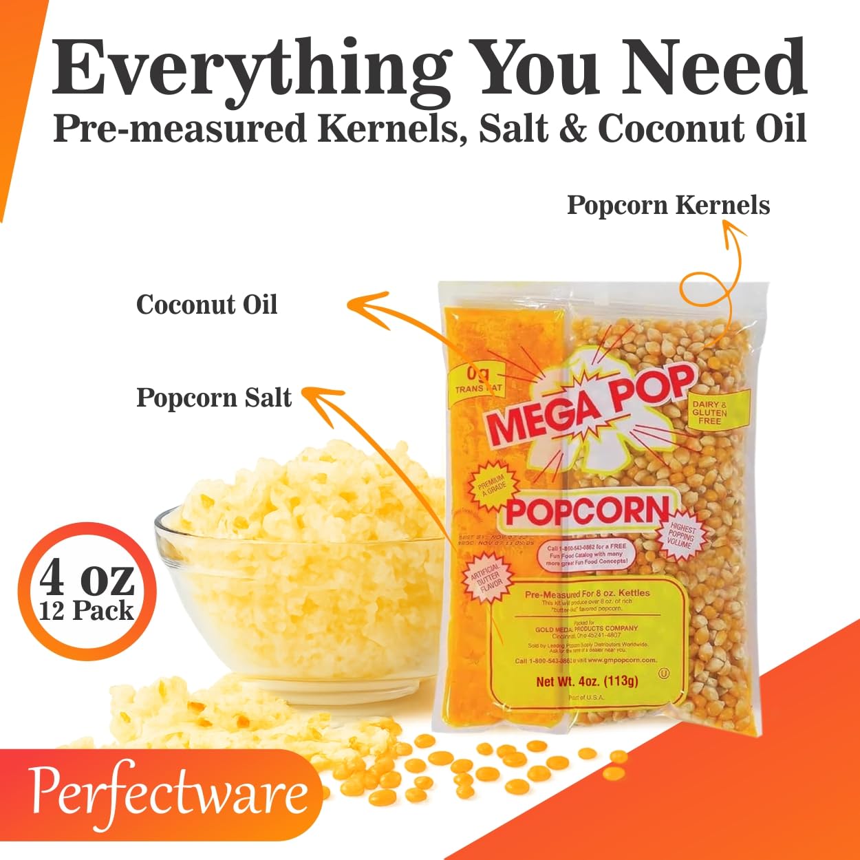 Perfectware close-up of kernels, salt, and coconut oil for consistent flavor