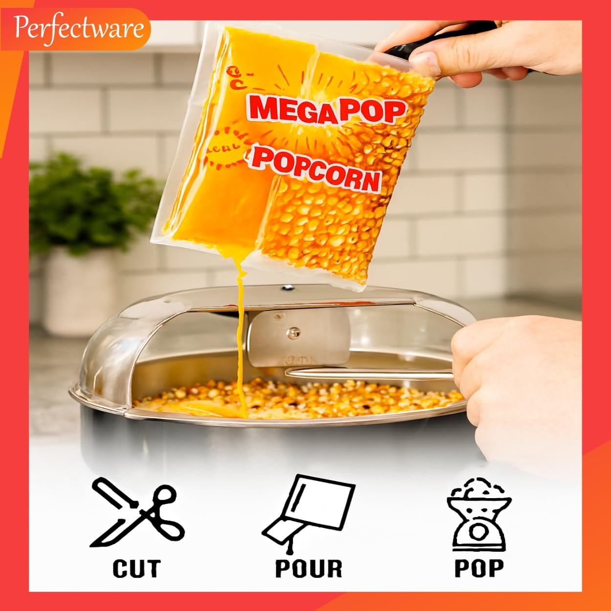 Perfectware pouring a single packet into a popcorn machine for fast prep