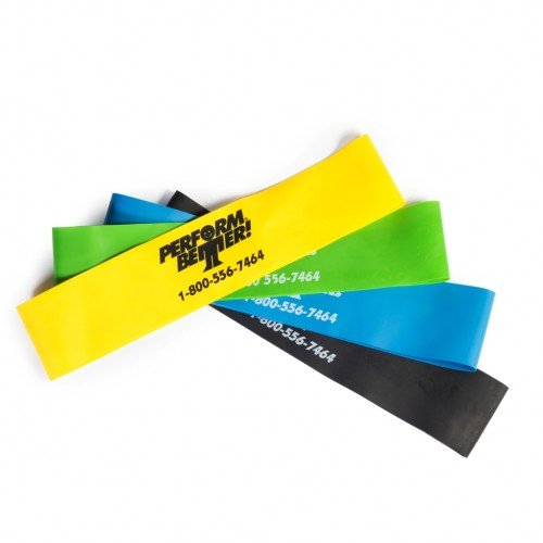 Perform Better mini bands front view showing all four colors and benefits