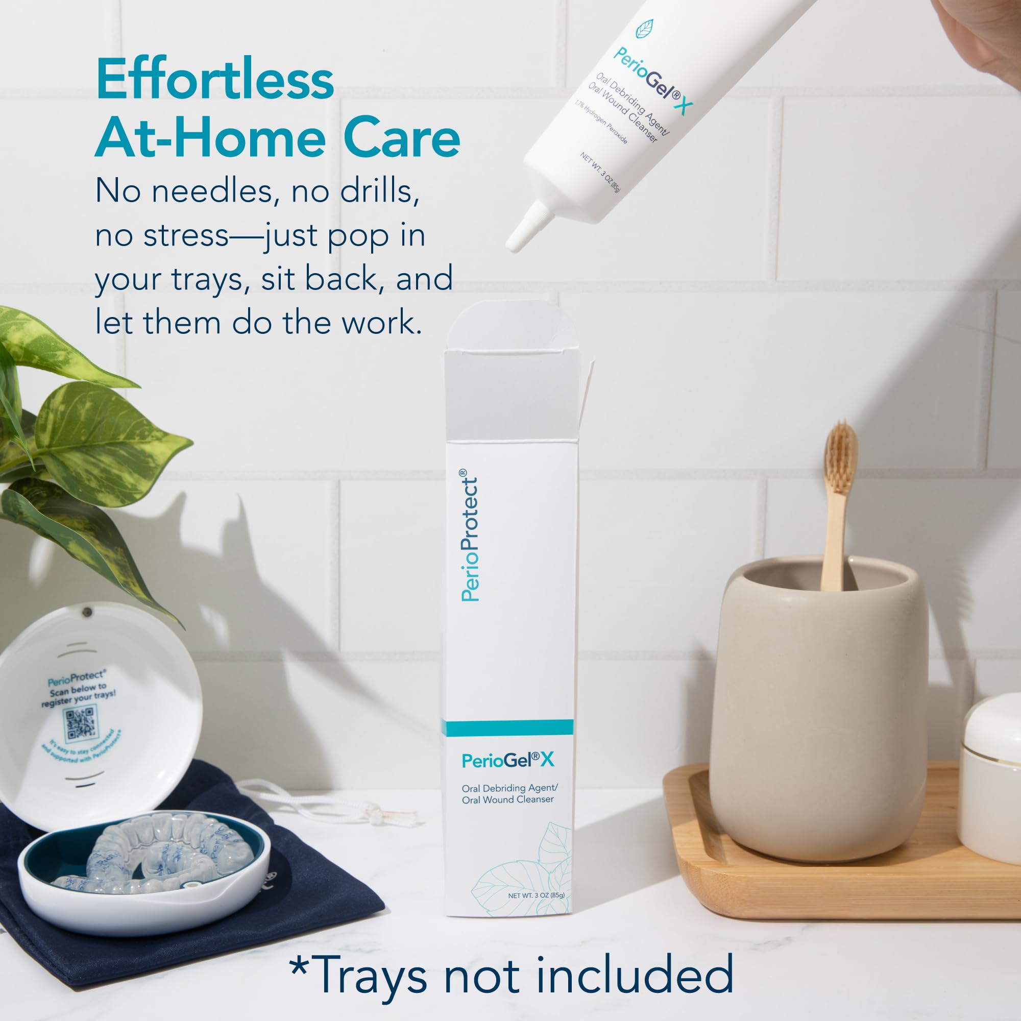 Perio Protect periogelx on bathroom counter lifestyle shot suggesting daily at-home care convenience