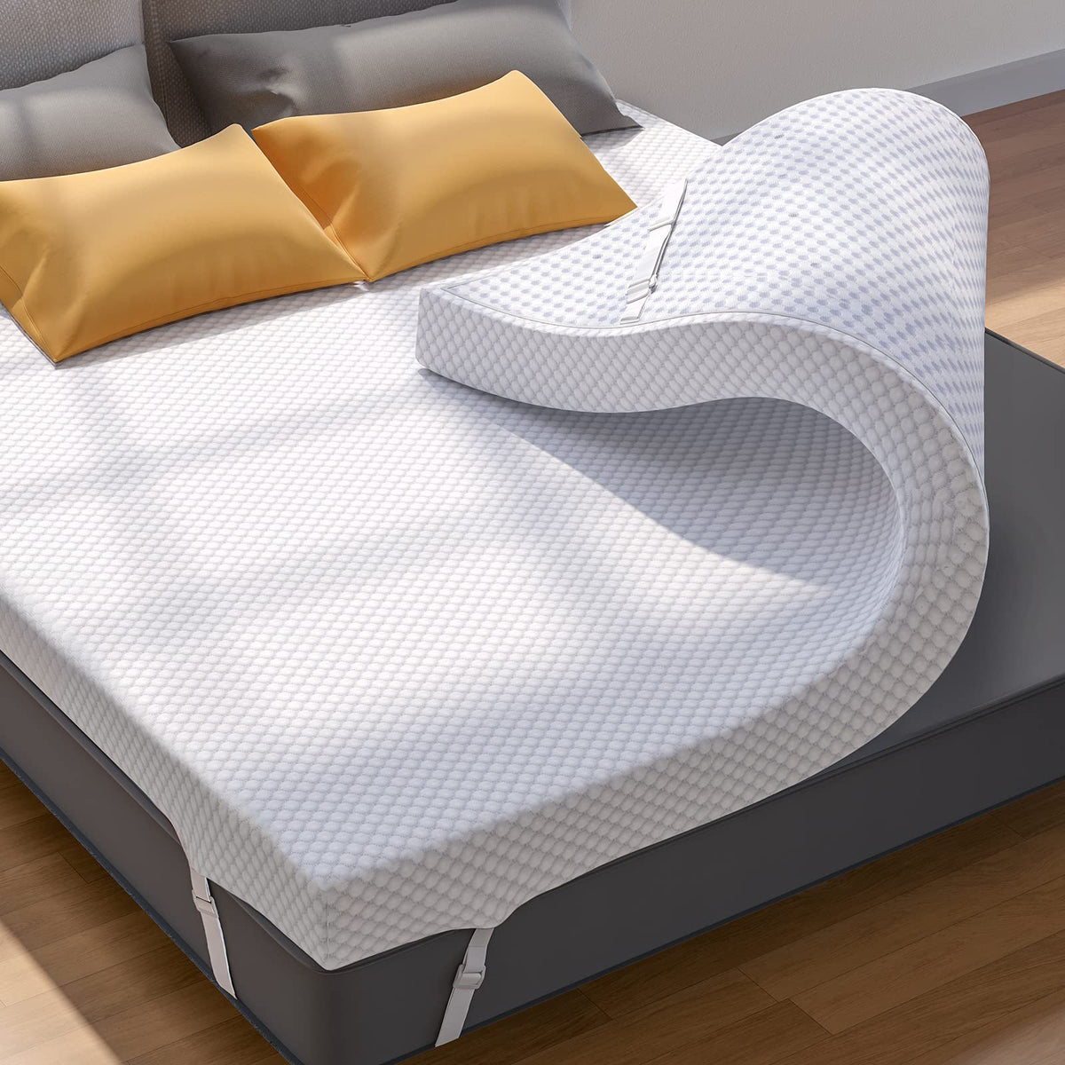 PERLECARE queen topper front view showing full coverage and cushioning benefit