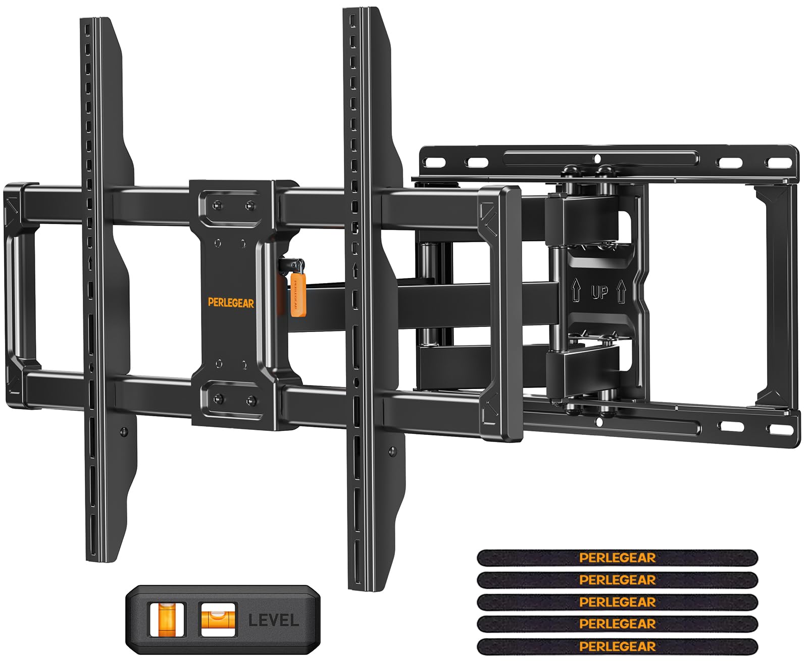 Perlegear front view mounted TV showing sleek fit and sturdy support