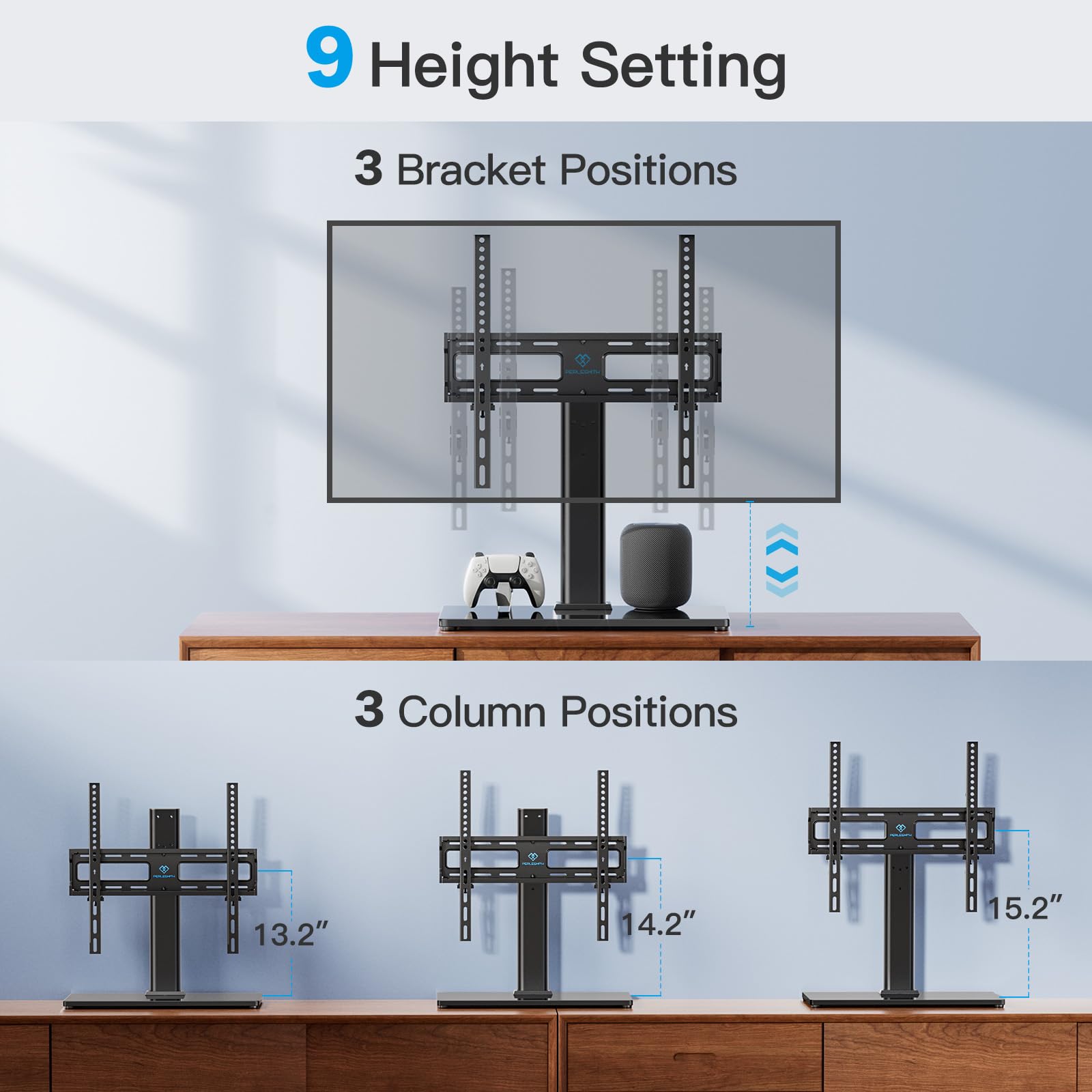 PERLESMITH bracket close-up showing VESA hole patterns for broad TV compatibility benefit
