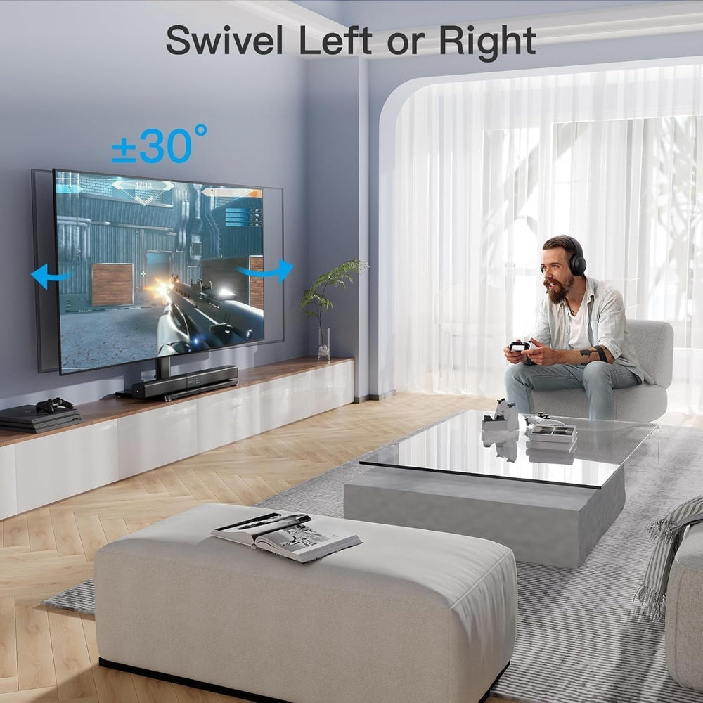 PERLESMITH TV mounted on stand in living room demonstrating installation and placement benefit