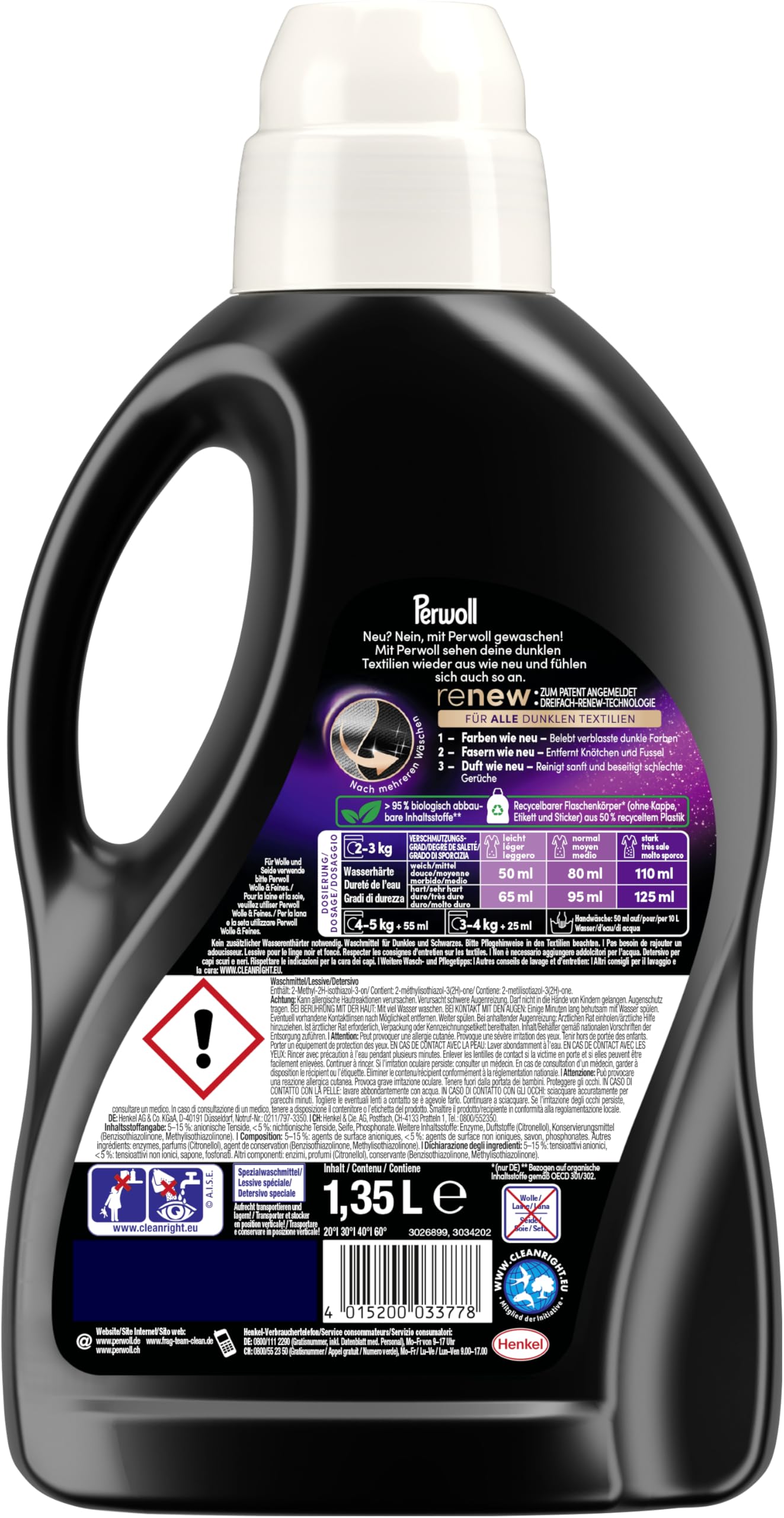 Perwoll black bottle made from recycled plastic highlighting sustainability