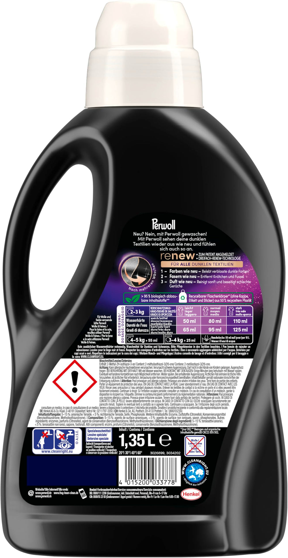 Perwoll black bottle made from recycled plastic highlighting sustainability