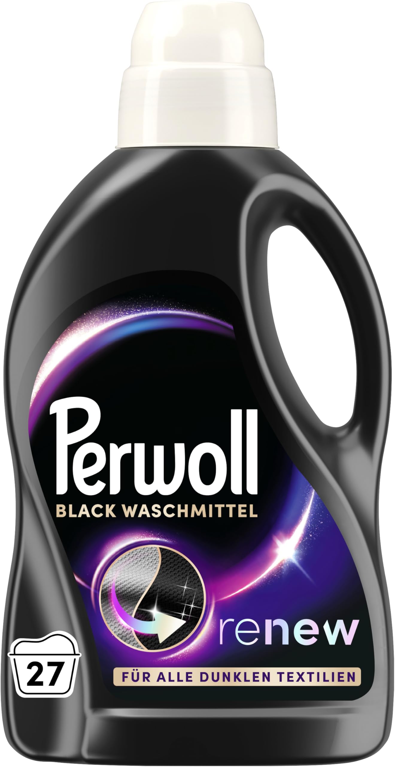Perwoll black front label showing product name and usage benefits