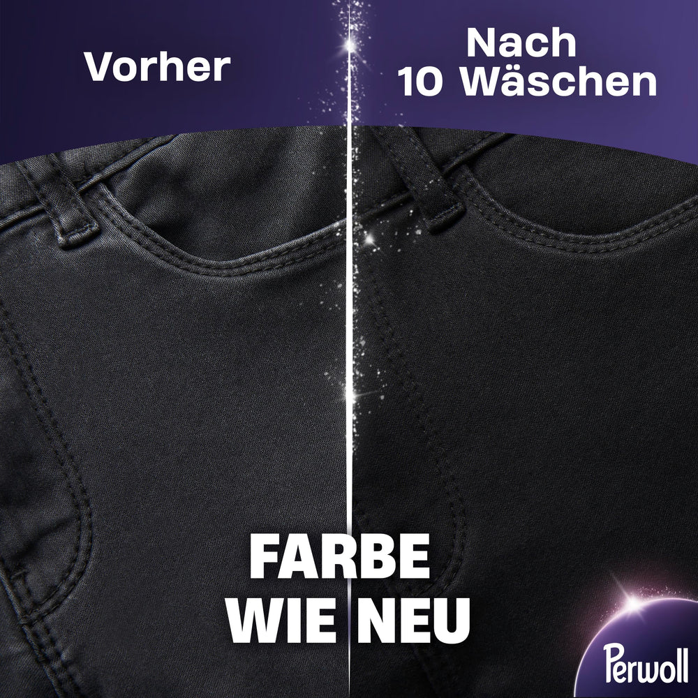 Perwoll black bottle next to washing machine showing in-use convenience