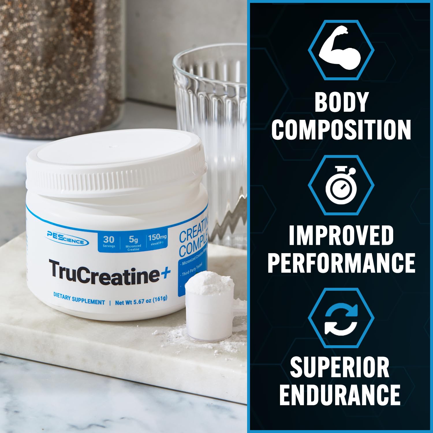 PEScience TruCreatine+ powder close-up highlighting micronized texture benefit