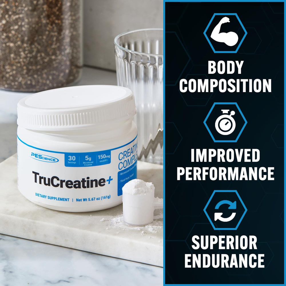 PEScience TruCreatine+ powder close-up highlighting micronized texture benefit