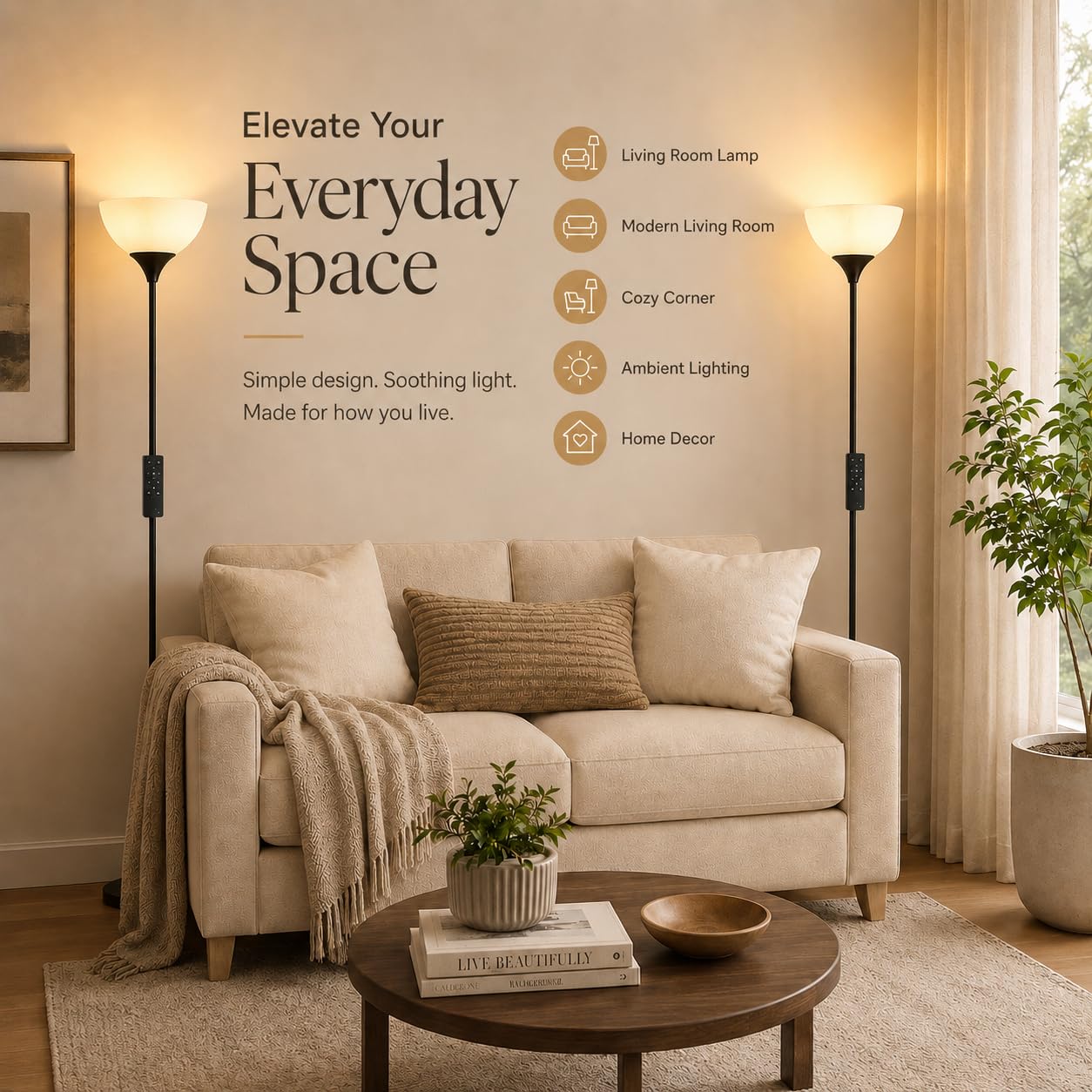 PESRAE lamp placed in living room corner showing space-saving fit benefit unobtrusive lighting