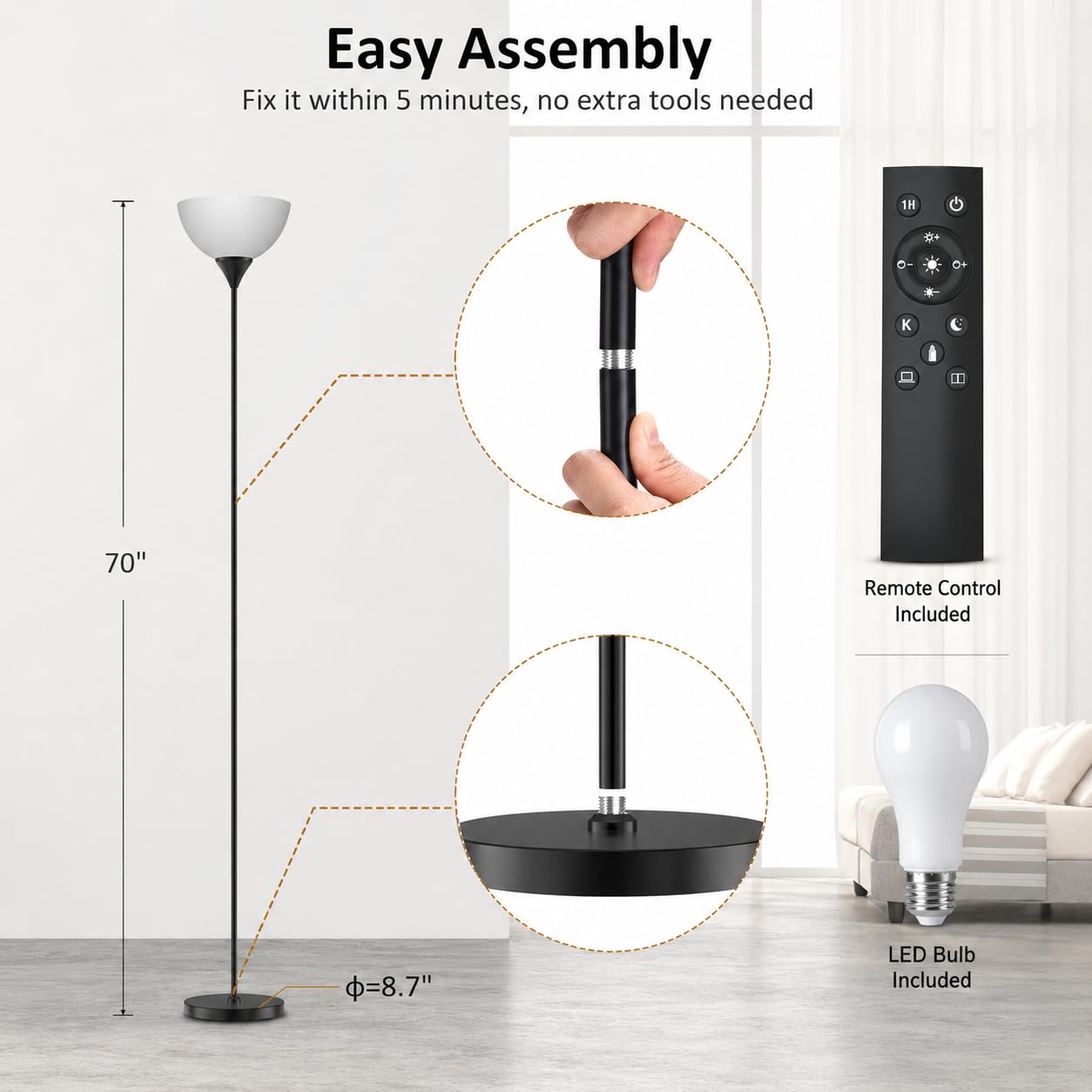 PESRAE lamp next to sofa showing scale and height benefit proper room illumination