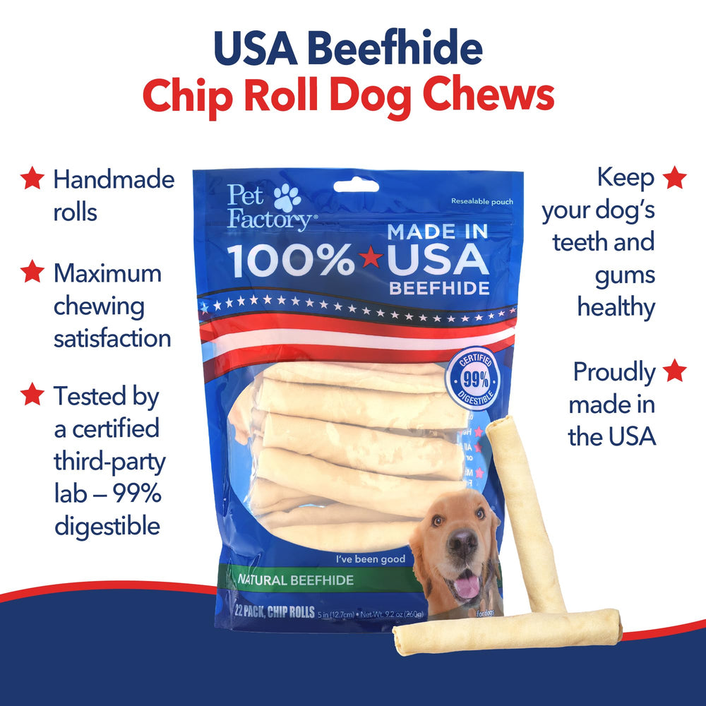 Pet Factory dog chewing a roll outdoors demonstrating enrichment and focus