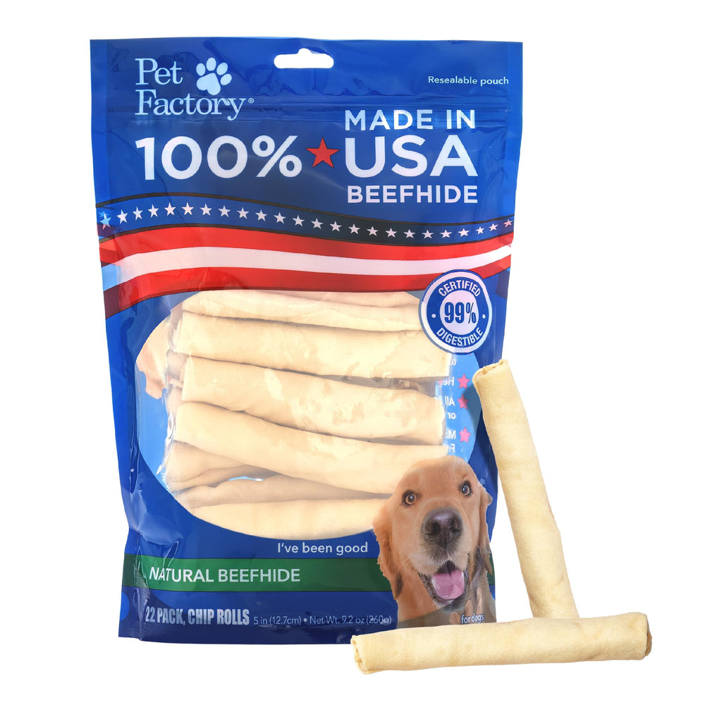 Pet Factory front packaging showing beefhide chip rolls benefit durable chewing
