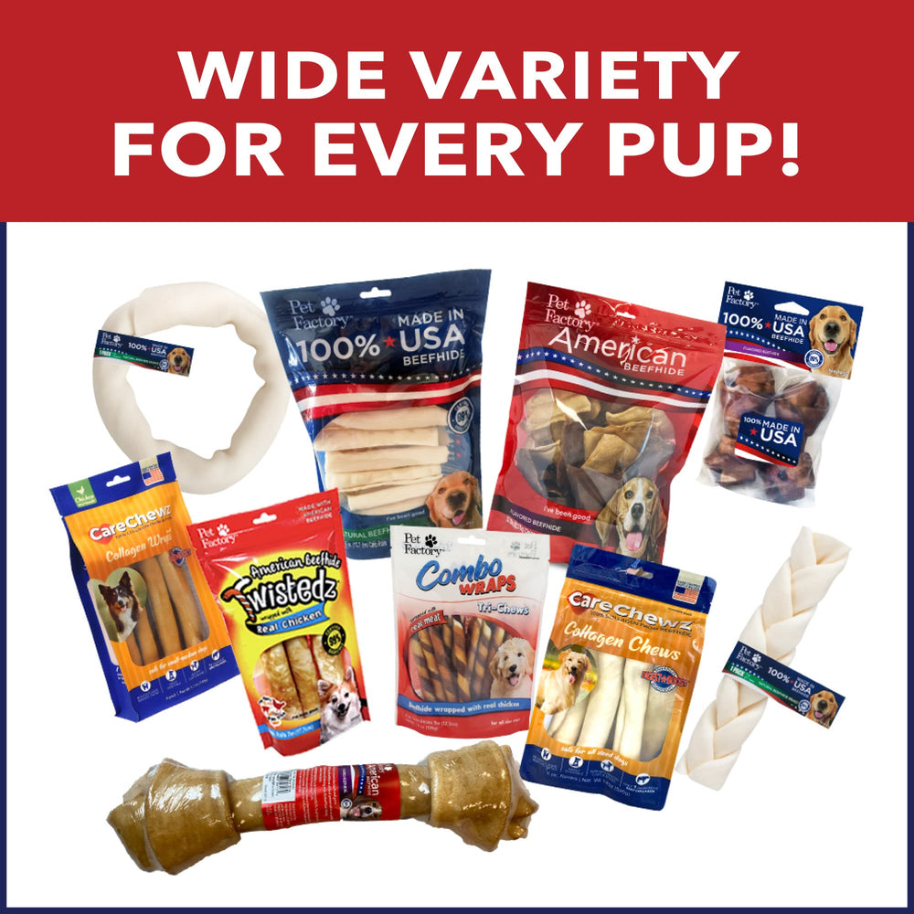 Pet Factory twenty-two chip rolls on wood table indicating pack value