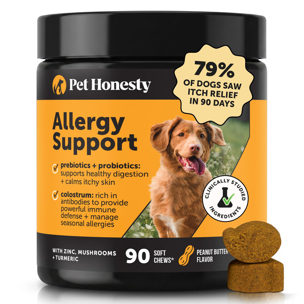 Pet Honesty front packaging showing allergy chews and benefits