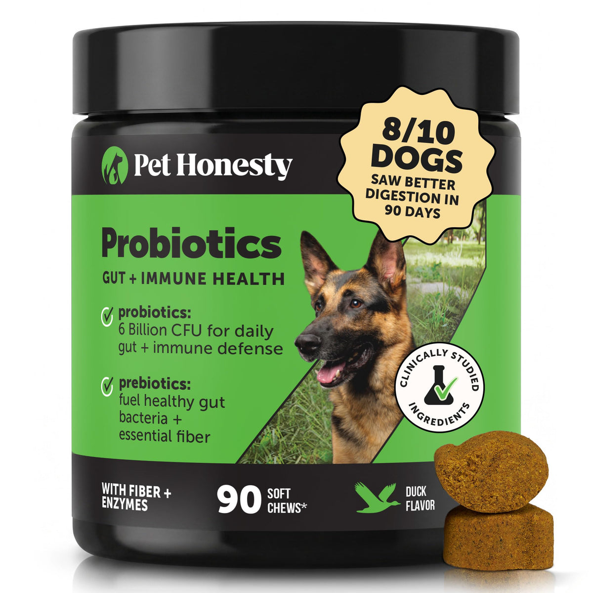 Pet Honesty front packaging showing duck-flavored 90ct jar and benefits
