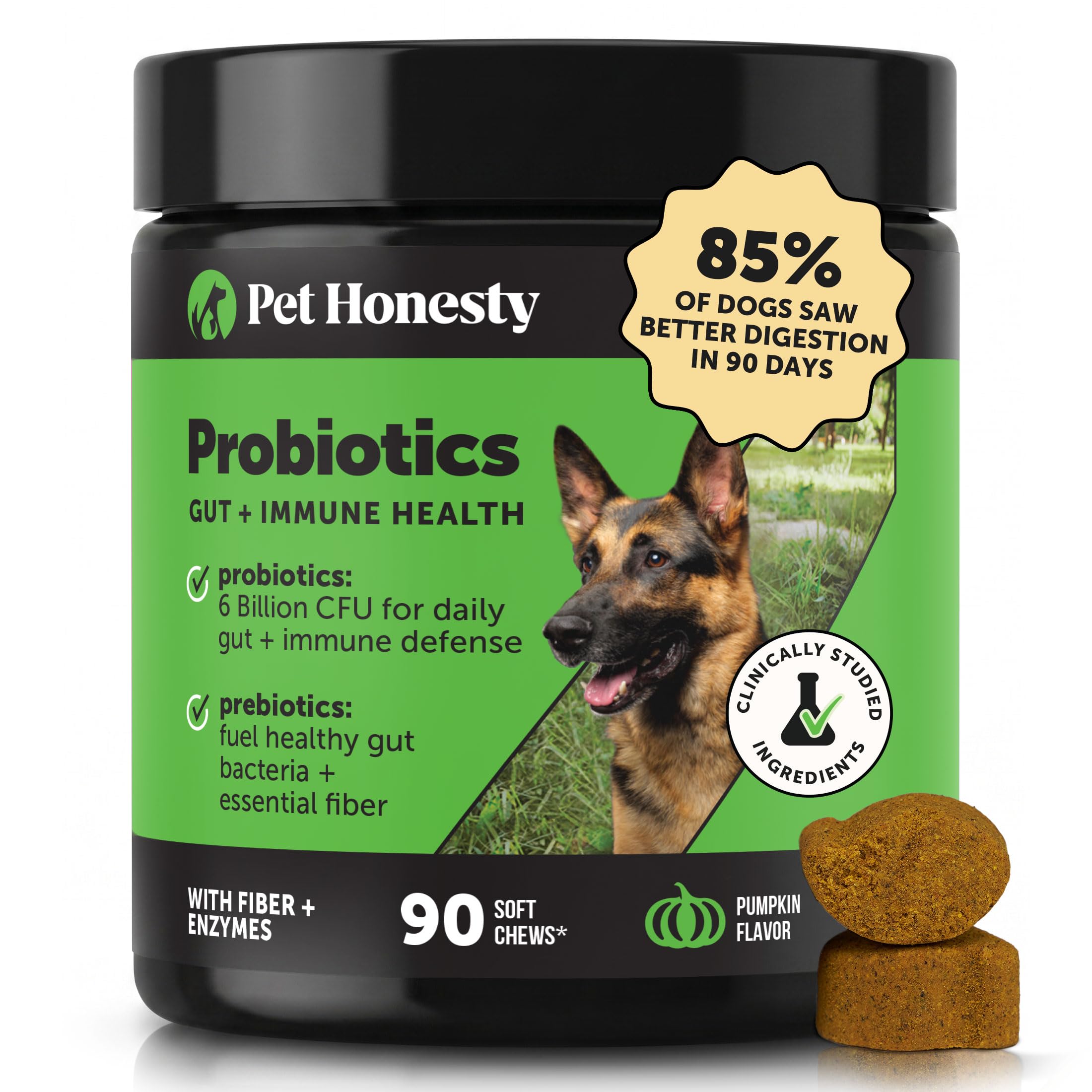 Pet Honesty front packaging showing pumpkin flavor and 90 count benefit