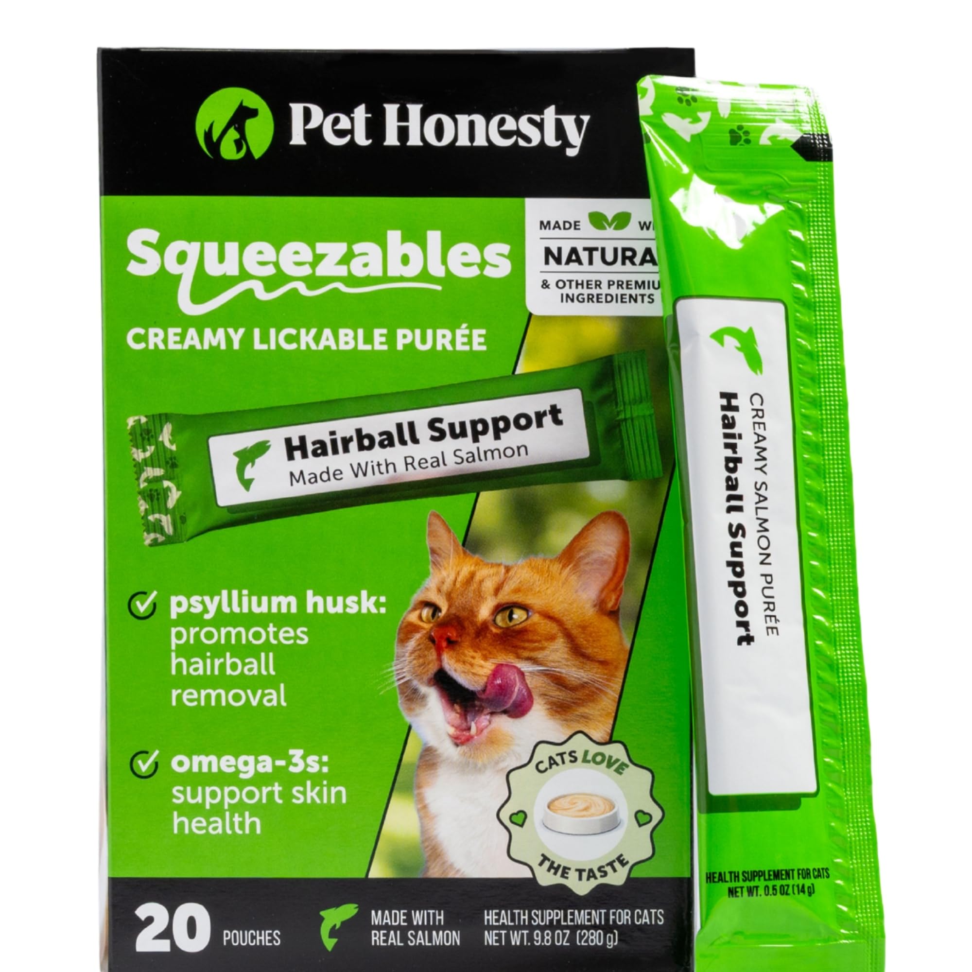 Pet Honesty front packaging showing salmon puree, convenient hairball support