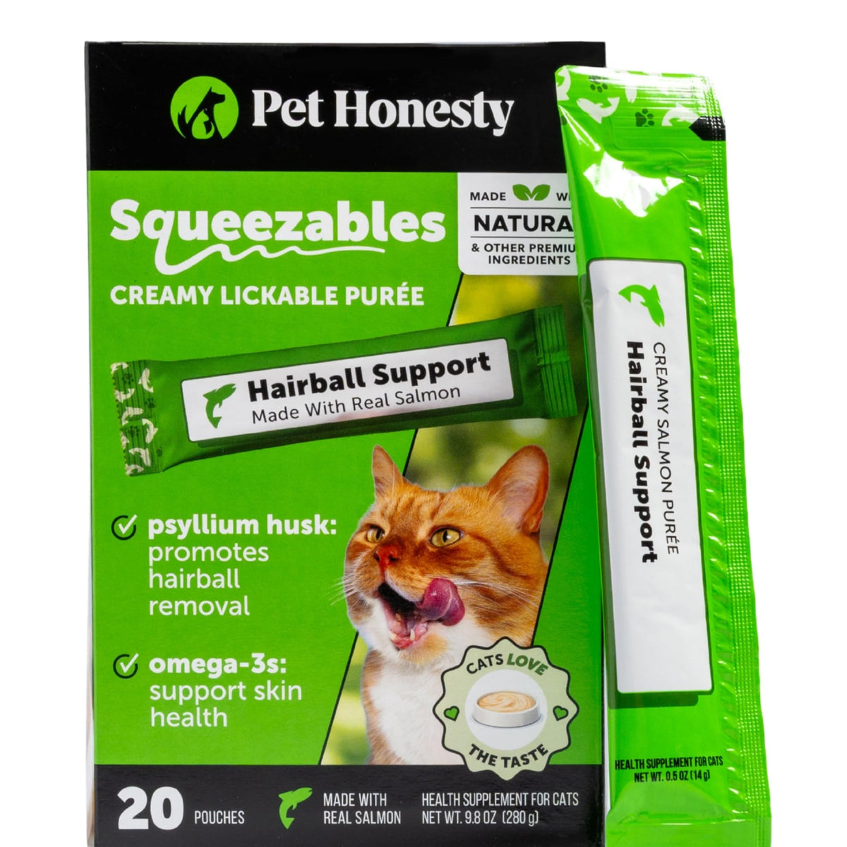 Pet Honesty front packaging showing salmon puree, convenient hairball support