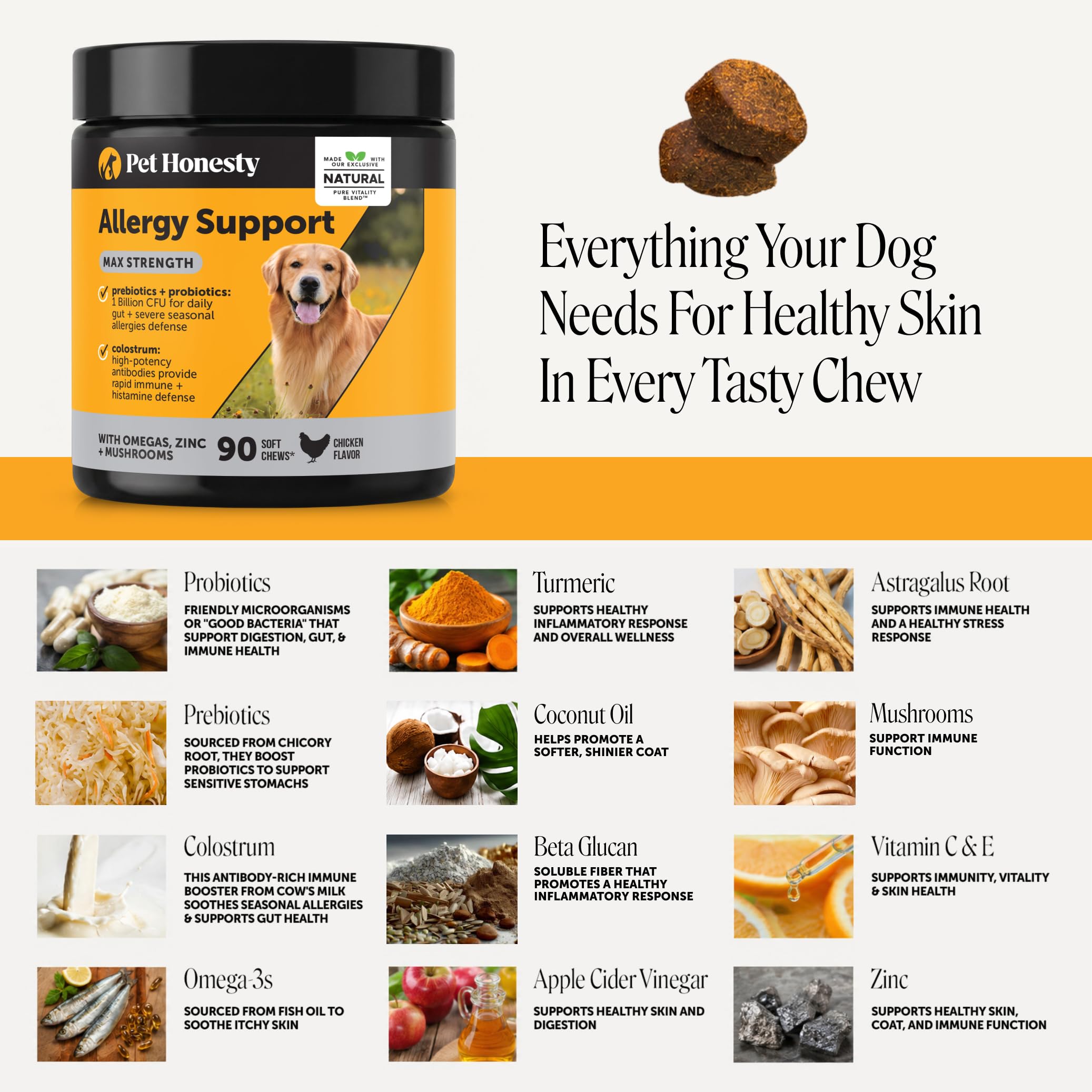 Pet Honesty ingredient display with colostrum zinc mushrooms supporting immunity