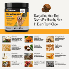 Pet Honesty ingredient display with colostrum zinc mushrooms supporting immunity