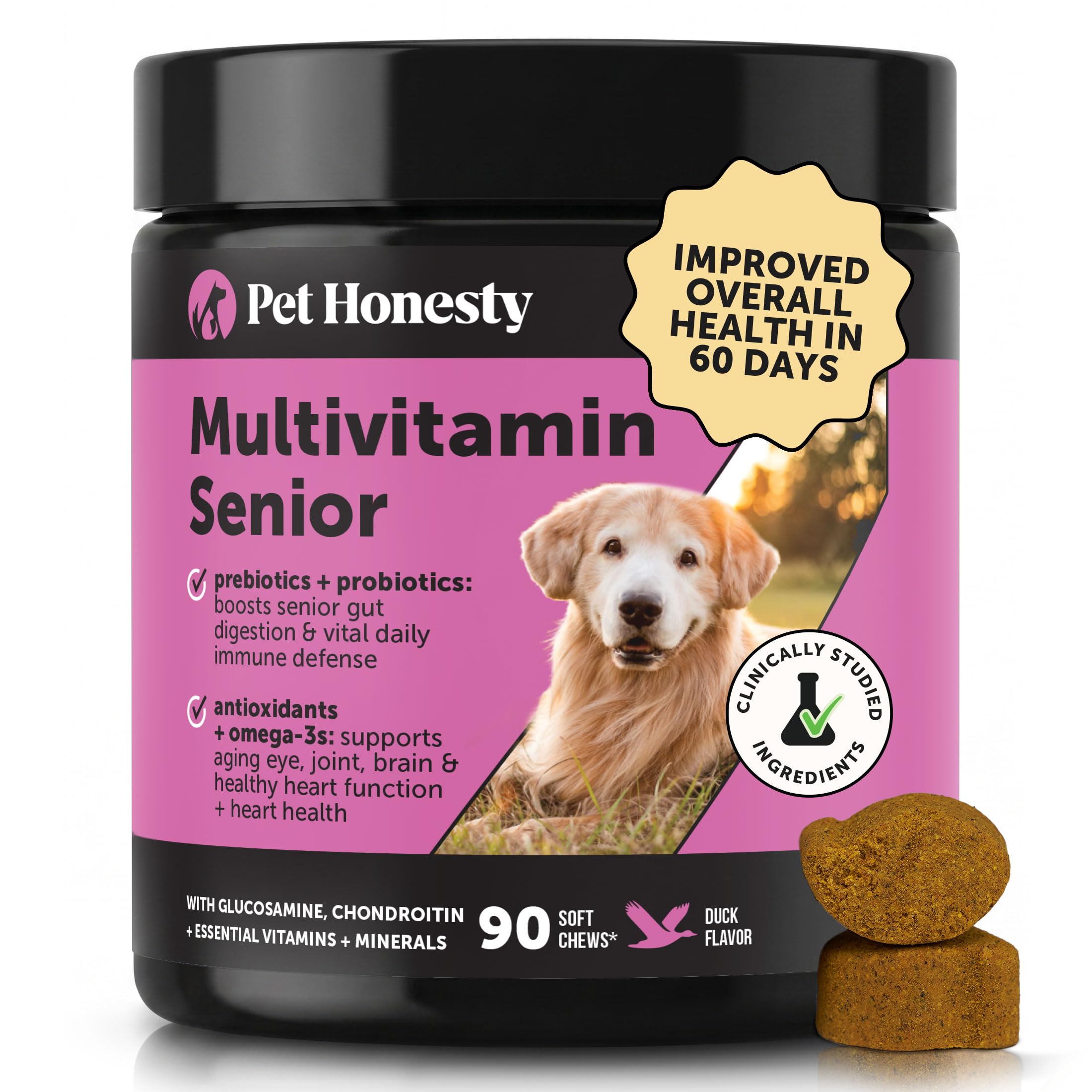 Pet Honesty front packaging showing senior multivitamin and benefits