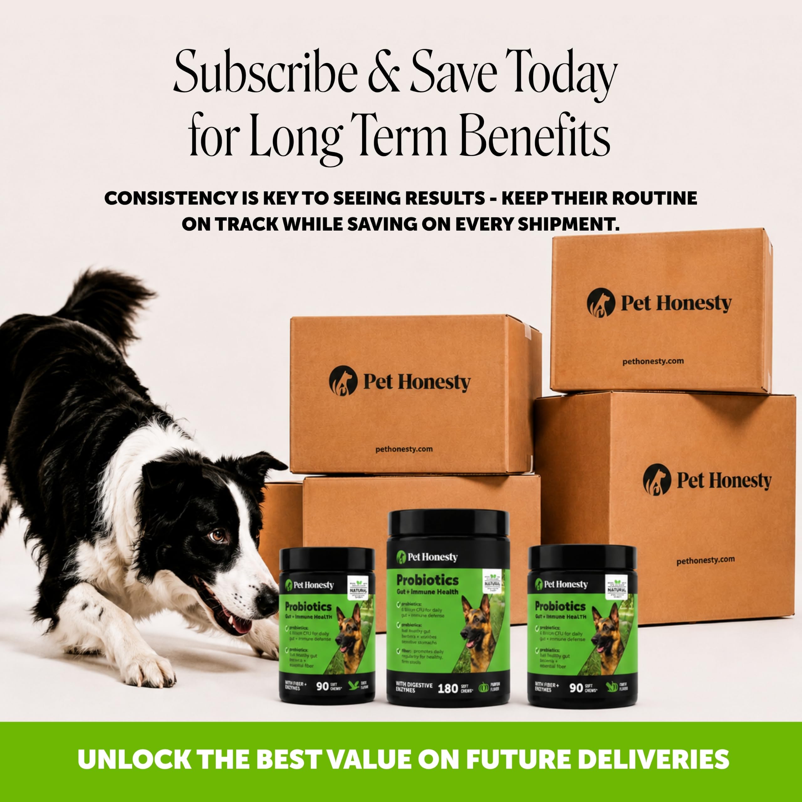 Pet Honesty chews beside a measuring tool showing portion size benefit