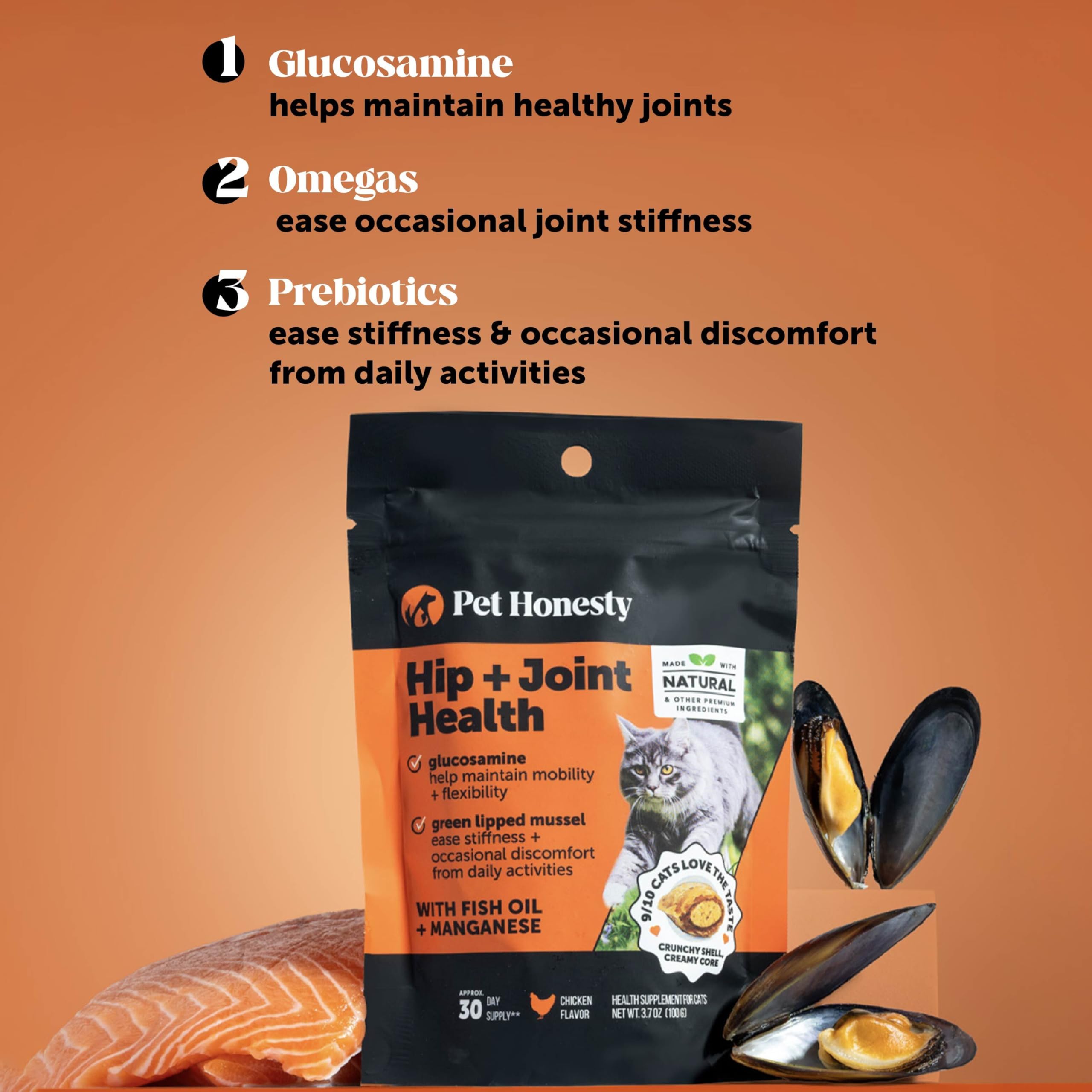 Pet Honesty crumbled chews sprinkled on cat food for simple daily dosing