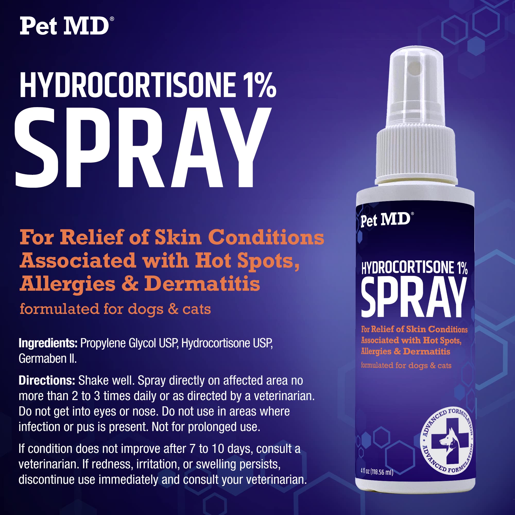 Pet MD 4 oz bottle next to a hand for size comparison, travel-friendly convenience benefit