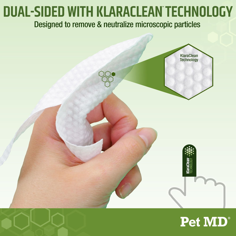 Pet MD wipe beside a finger illustrating larger fingertip coverage