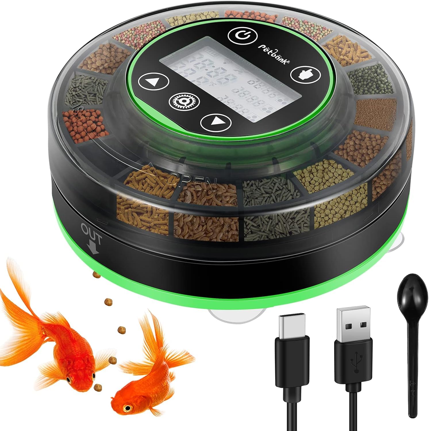 Petbank feeder front view showing compact design and LCD for convenience